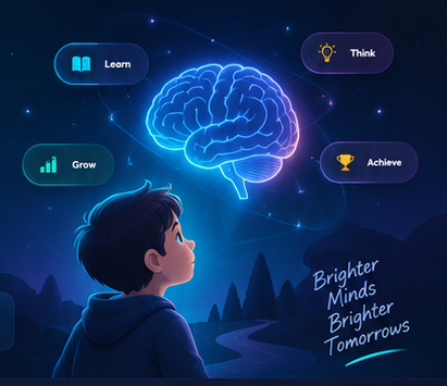 Illustration of a learner looking at a glowing brain with Learn, Think, Grow and Achieve milestones